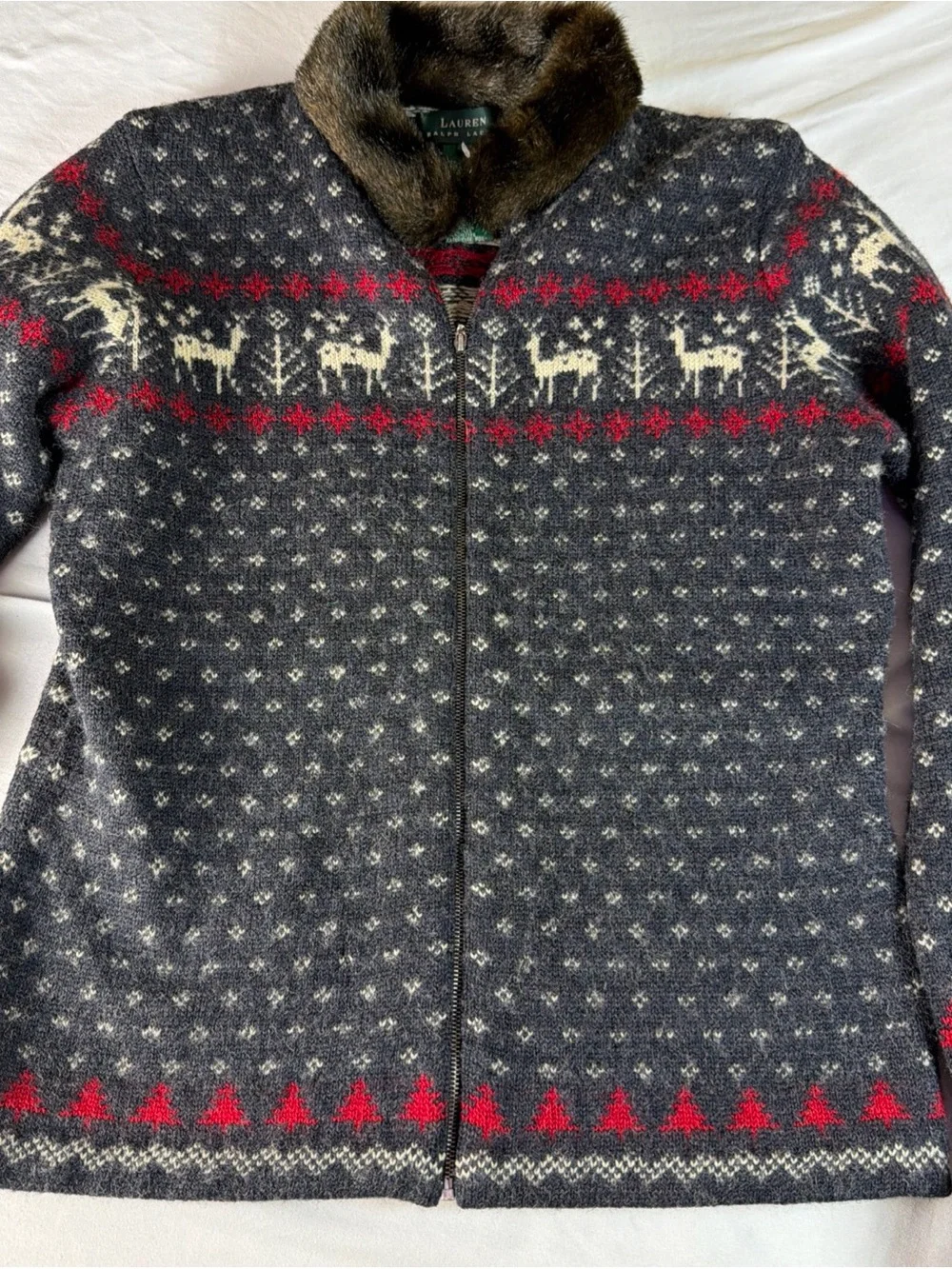 Ralph Lauren Navy Fair Isle Zip Cardigan with Faux Fur Collar